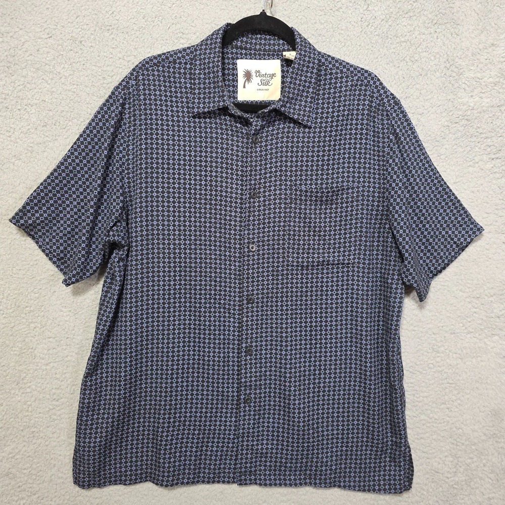 Vintage Silk Mens Blue Black Button Up Short Sleeve Shirt Size Large 100% Silk